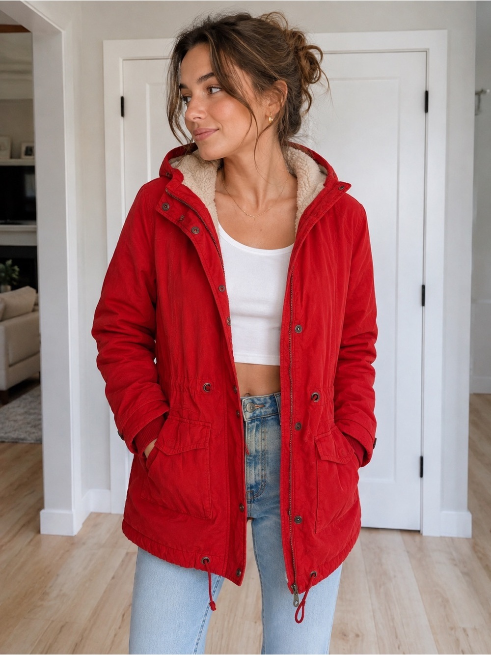 Y2K Style Aeropostale Red Sherpa-Lined Hooded Utility Parka Jacket Women’s Med